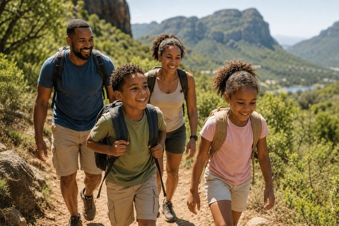 Family hiking a mountain trail together