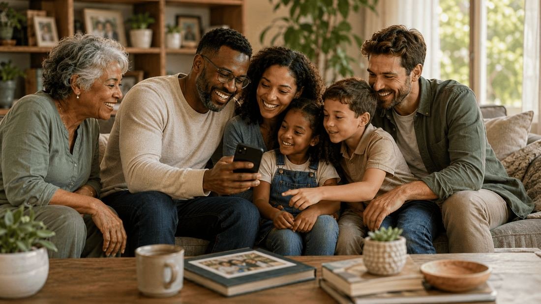 Multi-generational family looking at a phone together in their living room