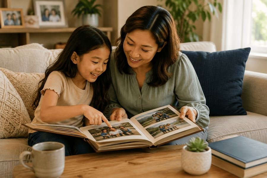 Mother and daughter looking through a family photo album